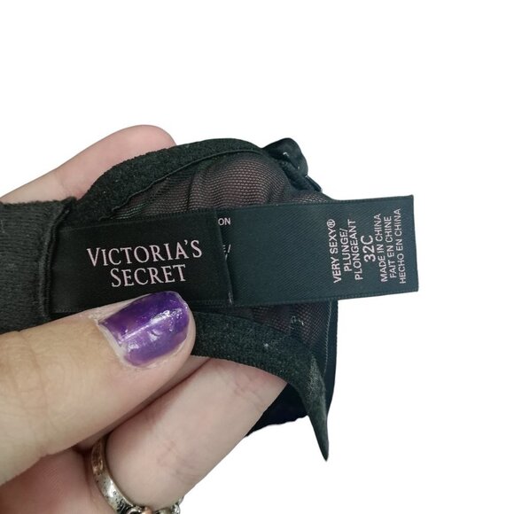 Victorias Secret Very Sexy Plunge Bra Blue Black Lace Size 32C Padded Underwire - Picture 9 of 10
